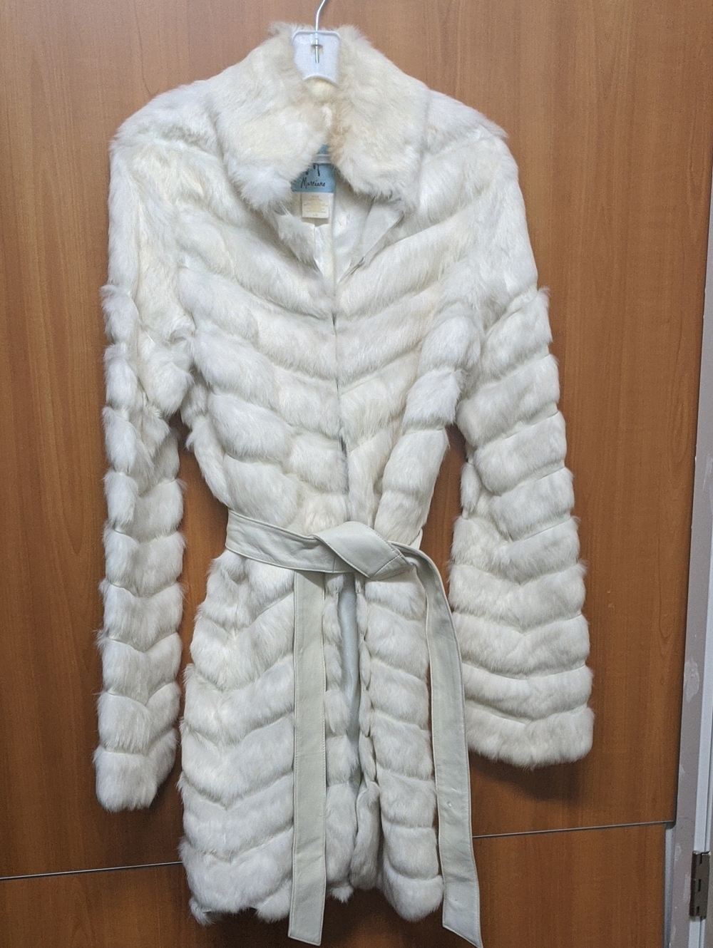 Marciano Genuine Rabbit Fur Coat Ivory White Size L – Belted Luxury Jacket